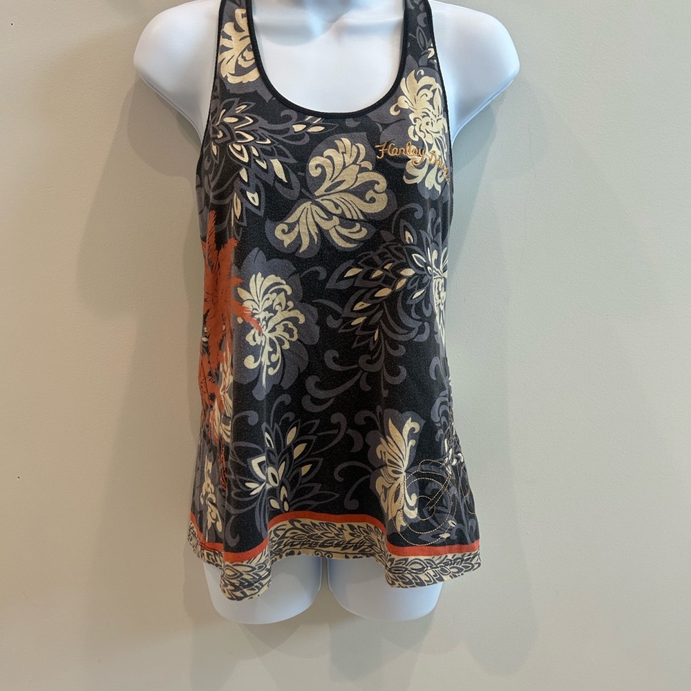 Harley-Davidson Charcoal Floral Racerback Tank with Cream and Orange Accents